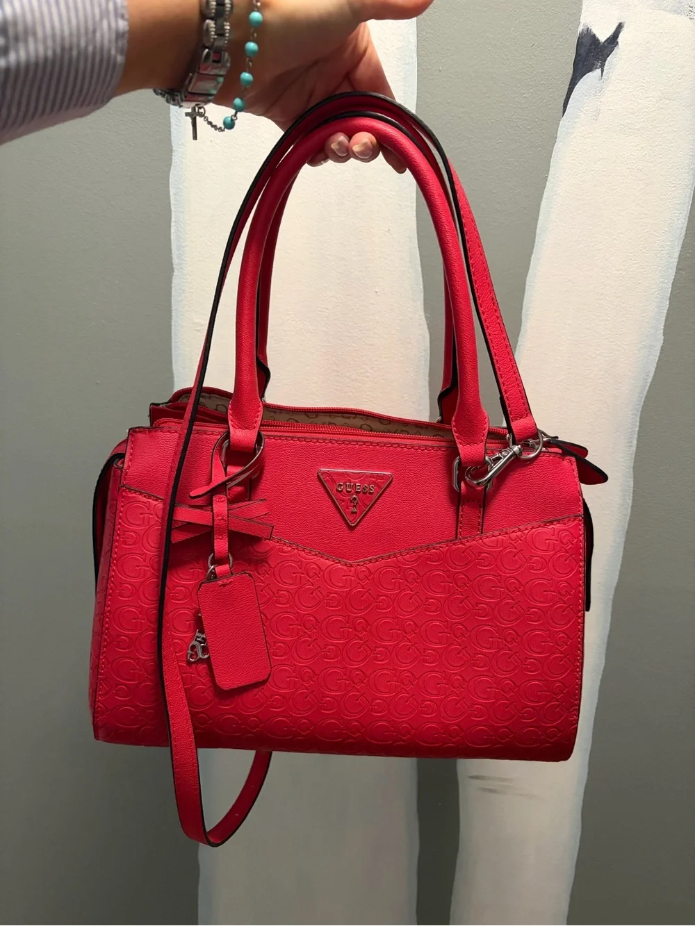 GUESS Coral Red Signature Satchel Bag